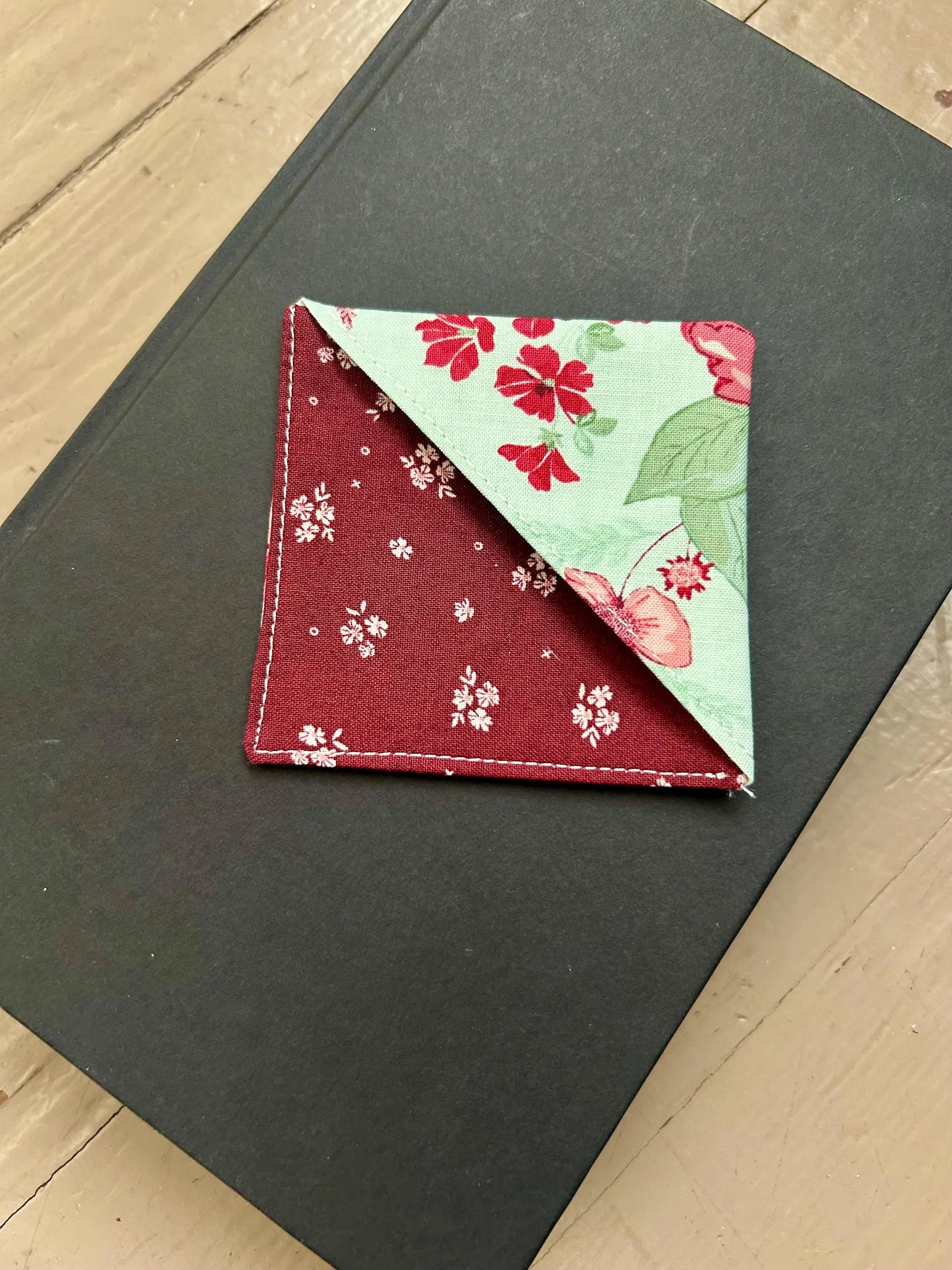 Ditzy Mint Romance Fabric Corner Bookmark — Handmade Bookish Accessory
