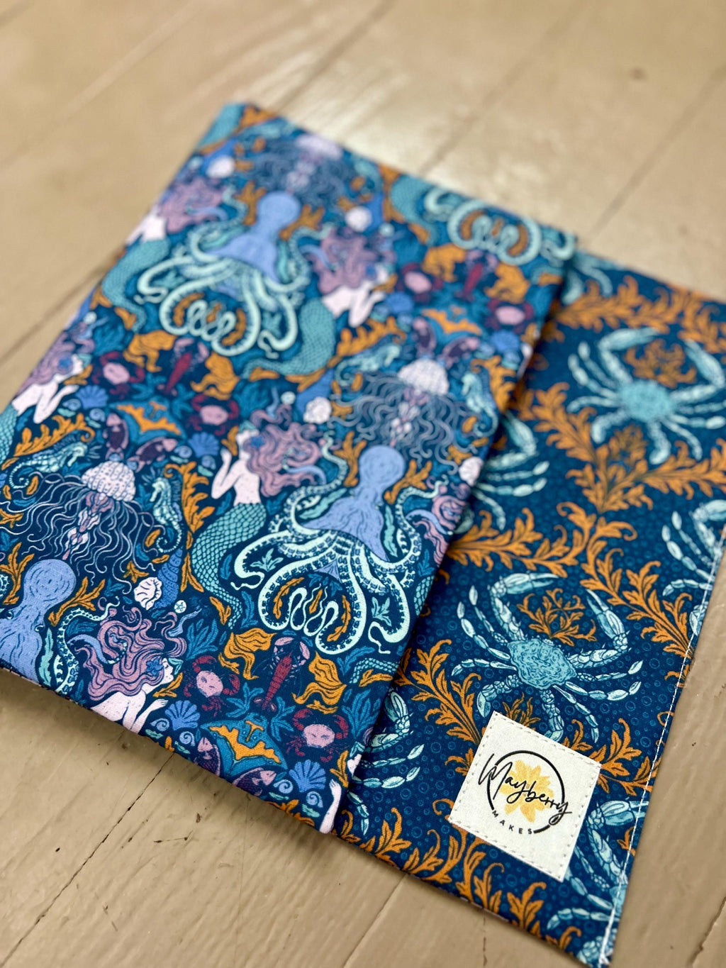 BUNDLE Mermaids and Crabs Reversible Adjustable Fabric Book Cover/Bible Cover w/ Bookmark and Annotation Kit