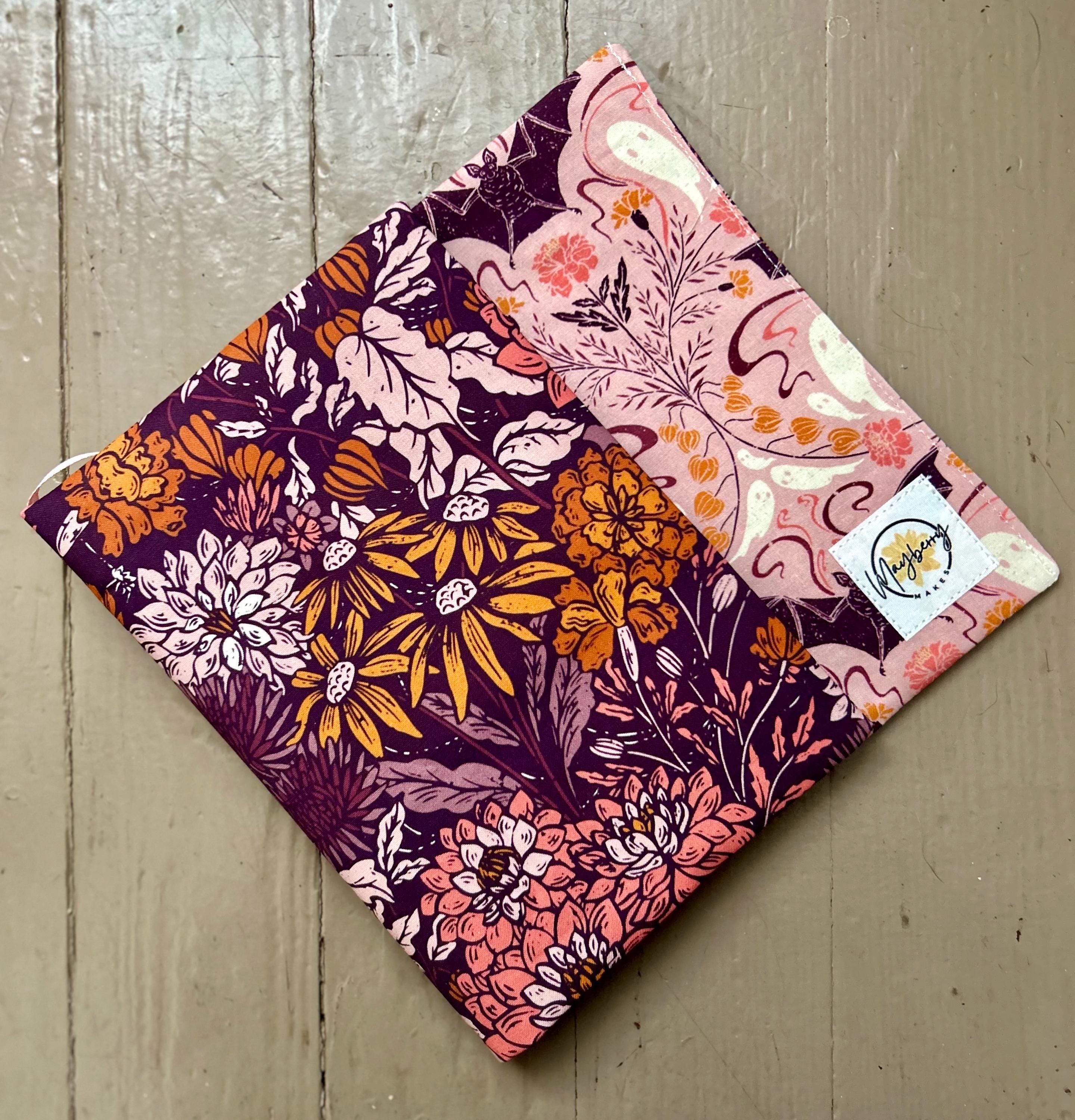 BUNDLE Fall Flowers and Bats Reversible Adjustable Fabric Book Cover/Bible Cover w/ Bookmark and Annotation Kit