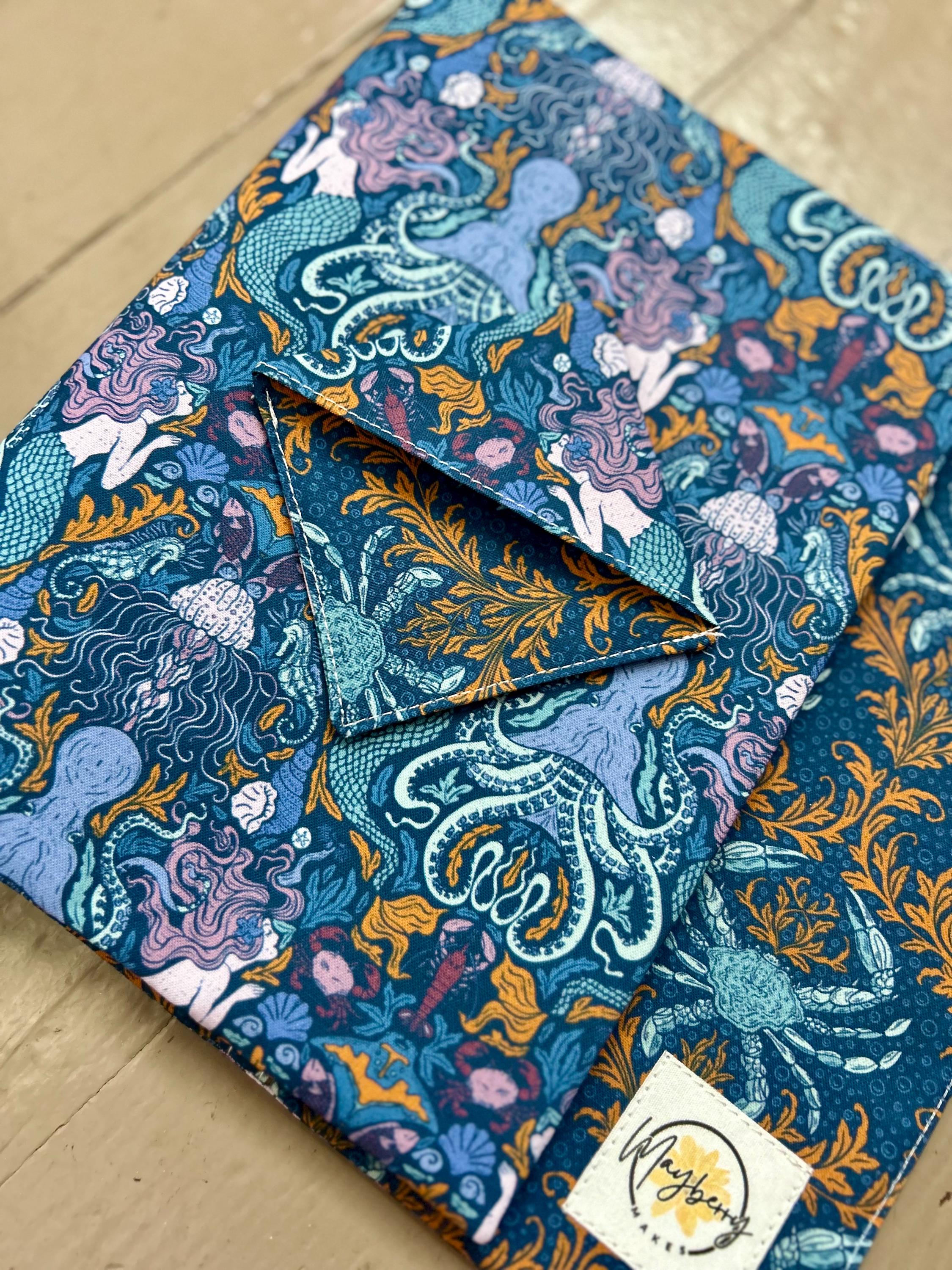 BUNDLE Mermaids and Crabs Reversible Adjustable Fabric Book Cover/Bible Cover w/ Bookmark and Annotation Kit