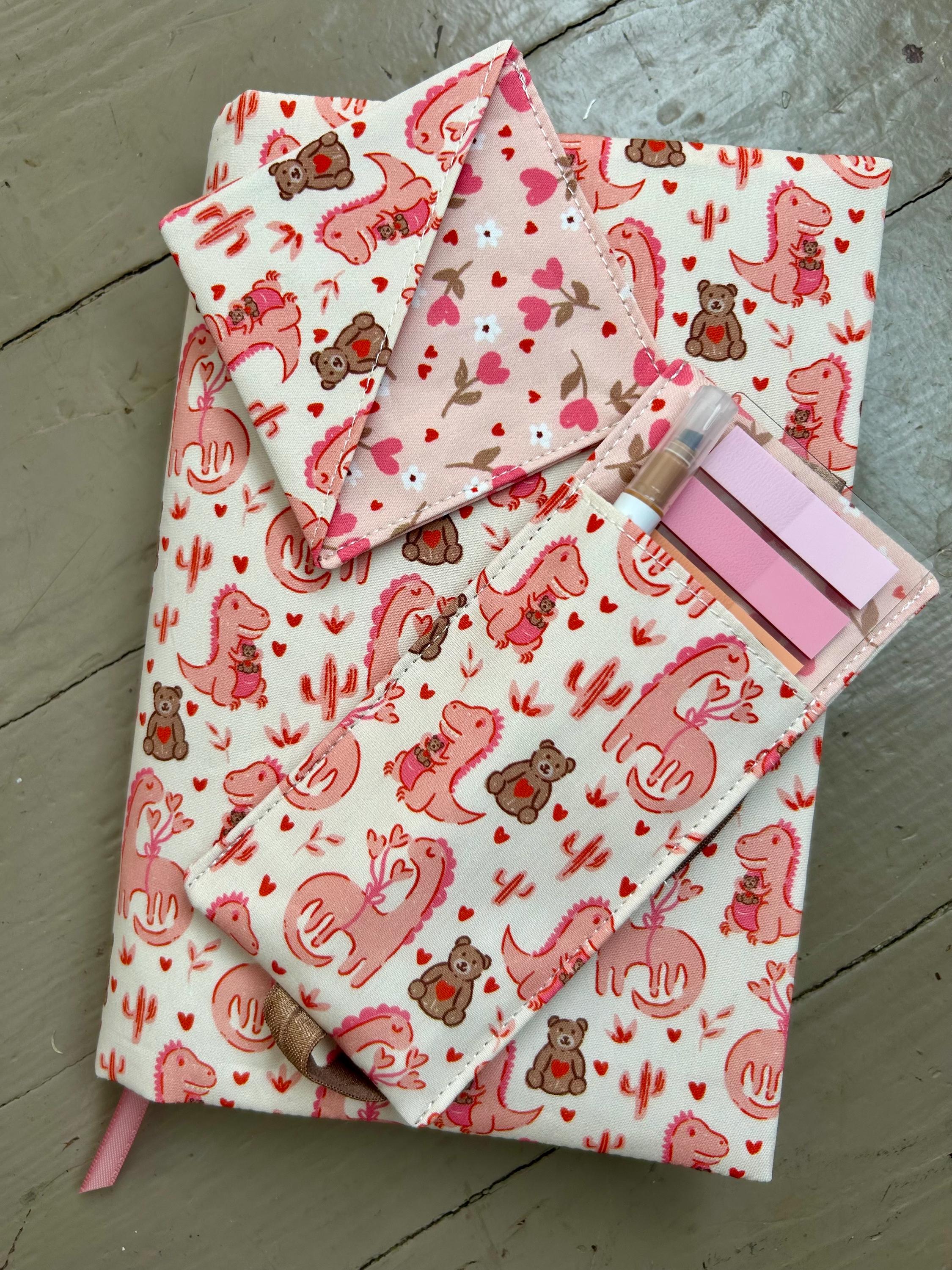 BOOKISH BUNDLE Dinos and Teddy Bears Reversible Adjustable Fabric Book Cover/Bible Cover w/ Bookmark and Annotation Kit